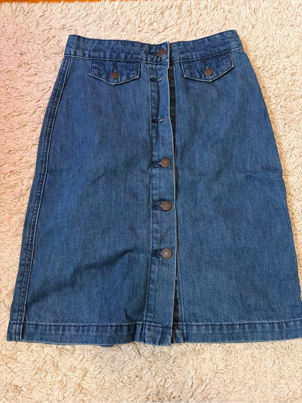 Classic Blue Denim Midi Button-Front Skirt